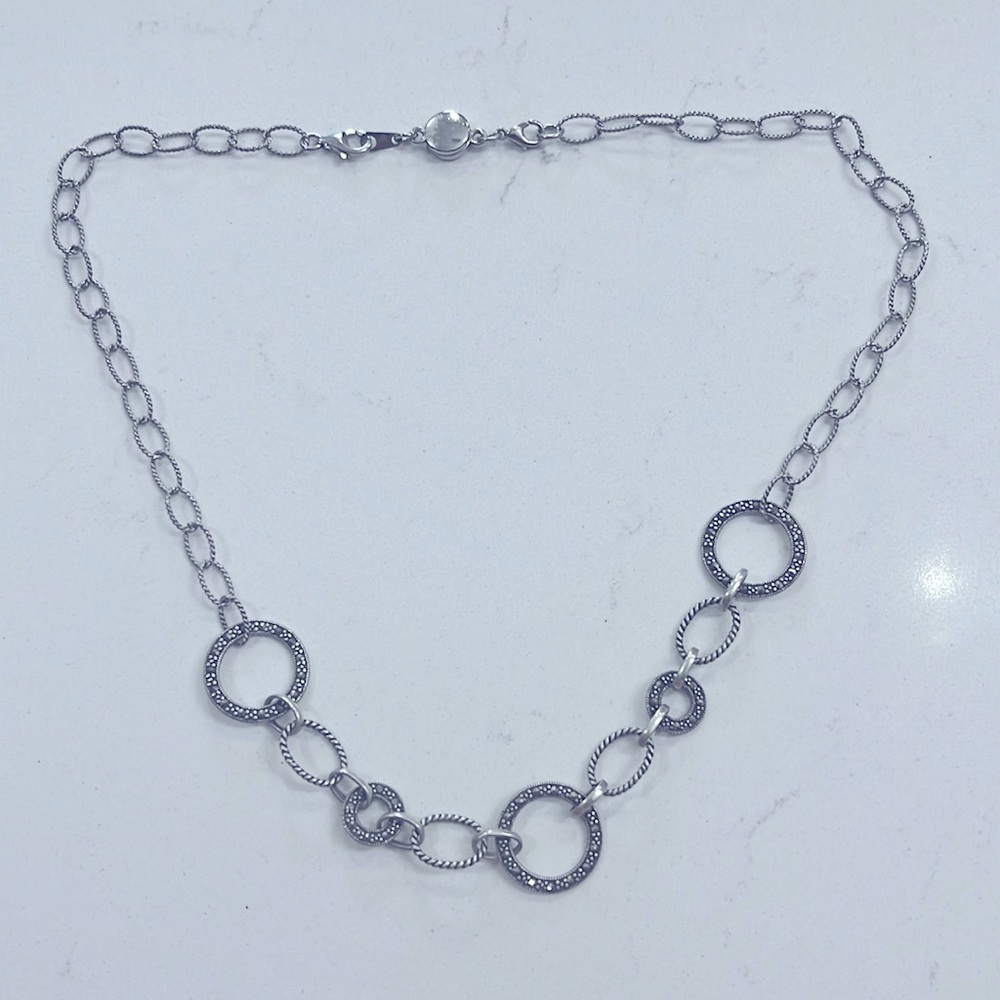 Vintage Sterling Silver Marcasite Circle Link Chain Necklace
